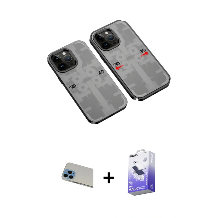 MARSİLYAN™- iPhone 13 Pro Max Kılıf Ufuk Doku Prime - Siyah Bilvis 5in1 5D Magic Hayalet Cam Ekran Koruyucu + Rainbow Kamera Lens Koruma Cam - MI
