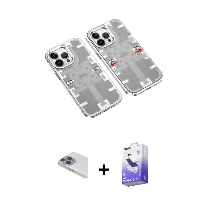 MARSİLYAN™- iPhone 13 Pro Max Kılıf Ufuk Doku Prime - Siyah Bilvis 5in1 5D Magic Hayalet Cam Ekran Koruyucu + Sierra Blue Pers Alüminyum Kamera Lens