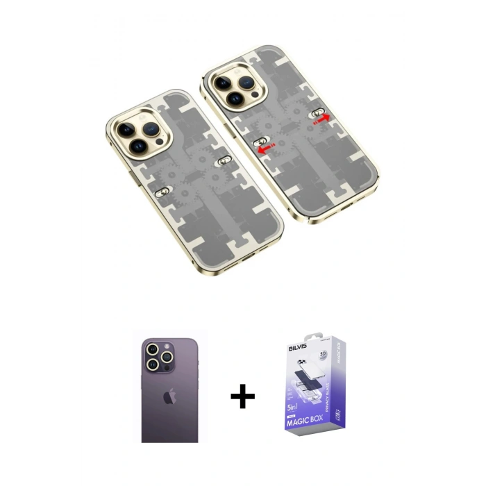 MARSİLYAN™- iPhone 13 Pro Max Kılıf Ufuk Doku Prime - Siyah Bilvis 5in1 5D Magic Hayalet Cam Ekran Koruyucu + Neon Fosforlu Kamera Lens - BZ
