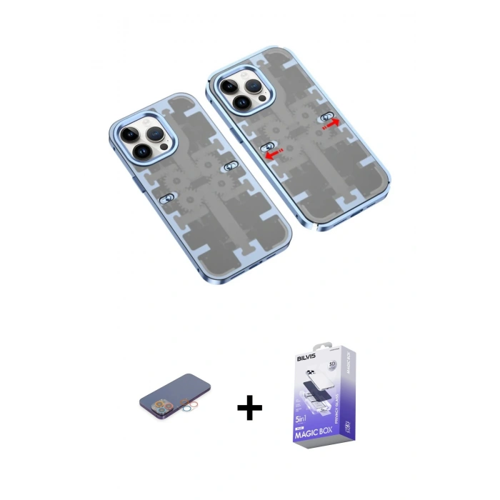 MARSİLYAN™- iPhone 13 Pro Max Kılıf Ufuk Doku Prime - Siyah Bilvis 5in1 5D Magic Hayalet Cam Ekran Koruyucu + Renkli Kamera Lens Koruma Cam - PE