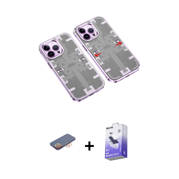 MARSİLYAN™- iPhone 13 Pro Max Kılıf Ufuk Doku Prime - Siyah Bilvis 5in1 5D Magic Hayalet Cam Ekran Koruyucu + Renkli Kamera Lens Koruma Cam - TU