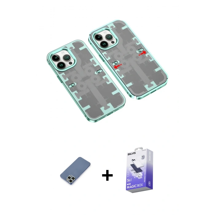 MARSİLYAN™- iPhone 13 Pro Max Kılıf Ufuk Doku Prime - Siyah Bilvis 5in1 5D Magic Hayalet Cam Ekran Koruyucu + Açık Yeşil Metal Kamera Lens Koruma Cam