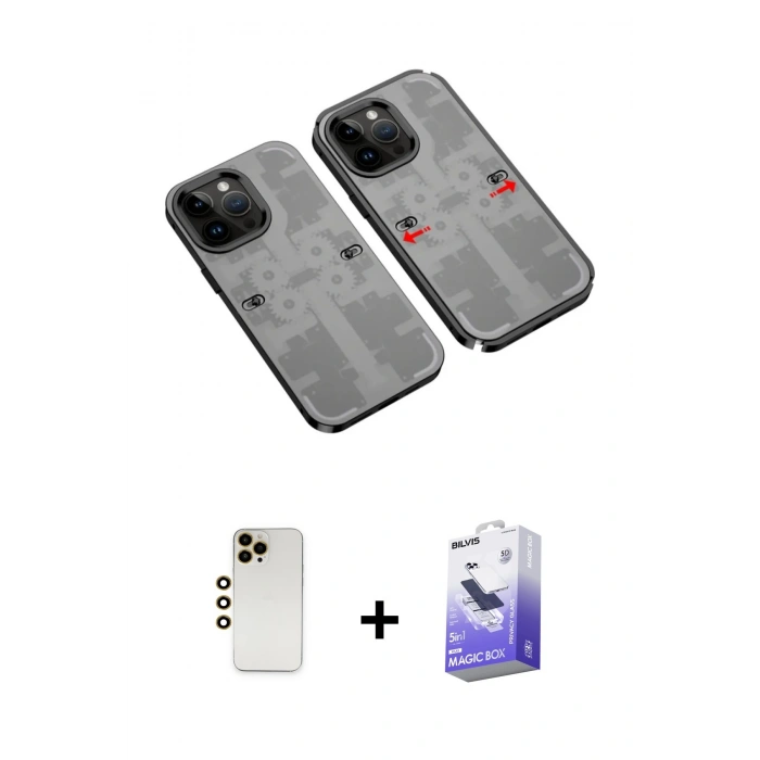 MARSİLYAN™- iPhone 13 Pro Max Kılıf Ufuk Doku Prime - Siyah Bilvis 5in1 5D Magic Hayalet Cam Ekran Koruyucu + Shine Kamera Lens - GD