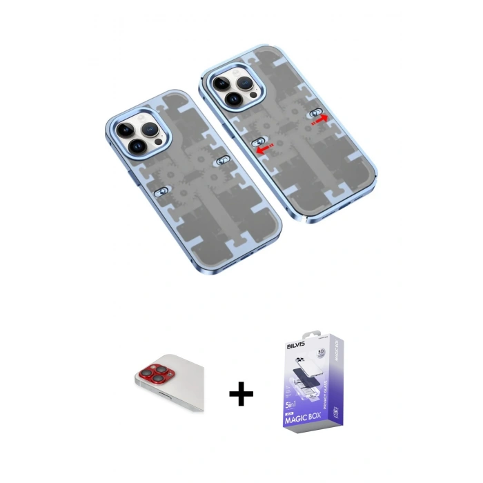 MARSİLYAN™- iPhone 13 Pro Max Kılıf Ufuk Doku Prime - Siyah Bilvis 5in1 5D Magic Hayalet Cam Ekran Koruyucu + Pers Alüminyum Kamera Lens - KI