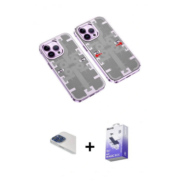 MARSİLYAN™- iPhone 13 Pro Max Kılıf Ufuk Doku Prime - Siyah Bilvis 5in1 5D Magic Hayalet Cam Ekran Koruyucu + Pers Alüminyum Kamera Lens - LT