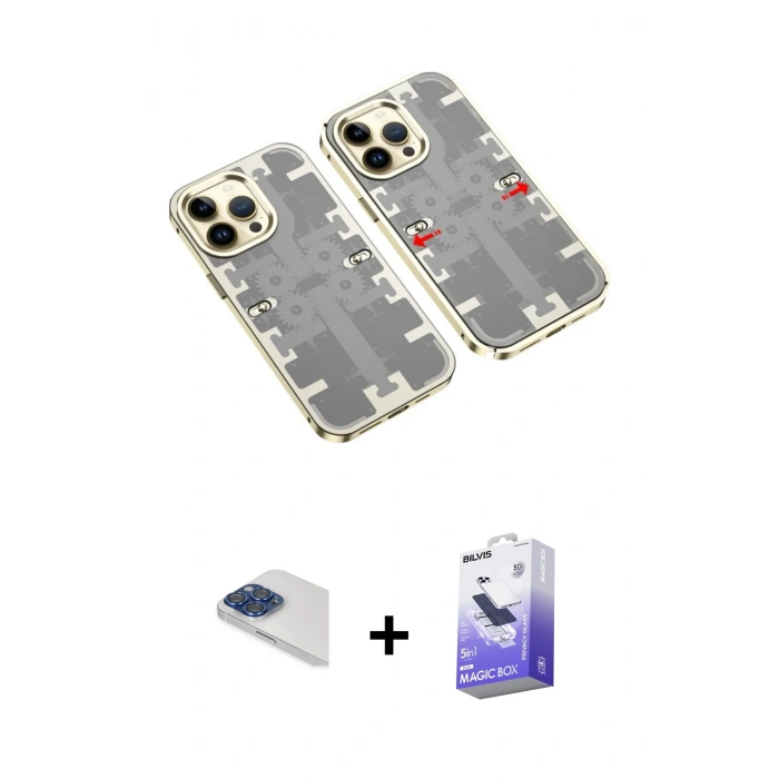 MARSİLYAN™- iPhone 13 Pro Max Kılıf Ufuk Doku Prime - Siyah Bilvis 5in1 5D Magic Hayalet Cam Ekran Koruyucu + Pers Alüminyum Kamera Lens - LT