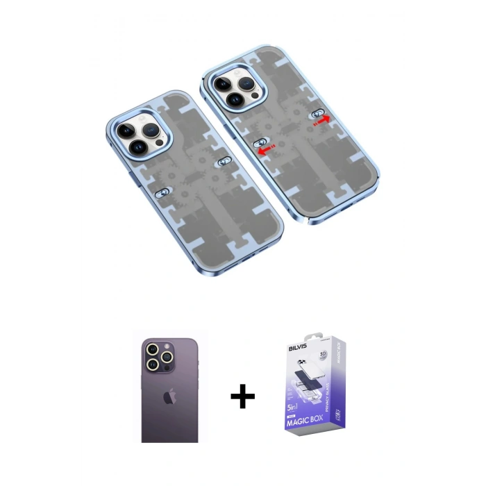 MARSİLYAN™- iPhone 13 Pro Max Kılıf Ufuk Doku Prime - Siyah Bilvis 5in1 5D Magic Hayalet Cam Ekran Koruyucu + Neon Fosforlu Kamera Lens - BZ