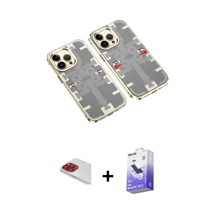 MARSİLYAN™- iPhone 13 Pro Max Kılıf Ufuk Doku Prime - Siyah Bilvis 5in1 5D Magic Hayalet Cam Ekran Koruyucu + Pers Alüminyum Kamera Lens - KI
