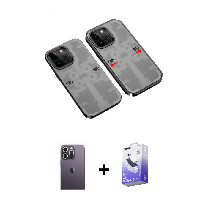 MARSİLYAN™- iPhone 13 Pro Max Kılıf Ufuk Doku Prime - Siyah Bilvis 5in1 5D Magic Hayalet Cam Ekran Koruyucu + Neon Fosforlu Kamera Lens - BZ