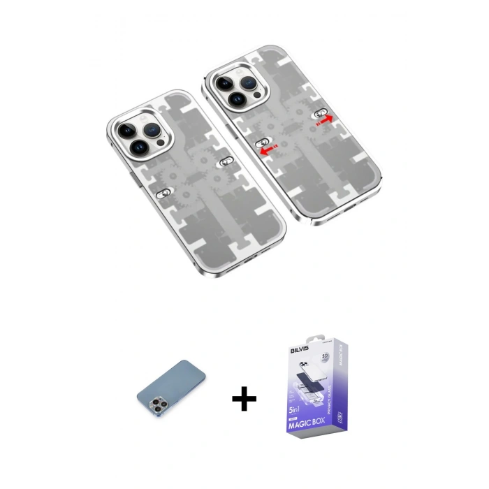 MARSİLYAN™- iPhone 13 Pro Max Kılıf Ufuk Doku Prime - Siyah Bilvis 5in1 5D Magic Hayalet Cam Ekran Koruyucu + Shine Kamera Lens Koruma Cam - GI