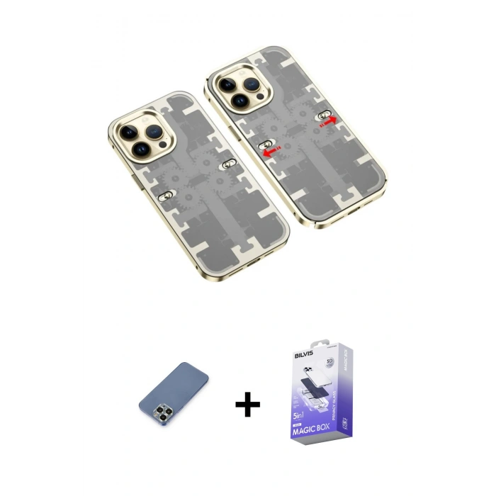 MARSİLYAN™- iPhone 13 Pro Max Kılıf Ufuk Doku Prime - Siyah Bilvis 5in1 5D Magic Hayalet Cam Ekran Koruyucu + Açık Yeşil Metal Kamera Lens Koruma Cam