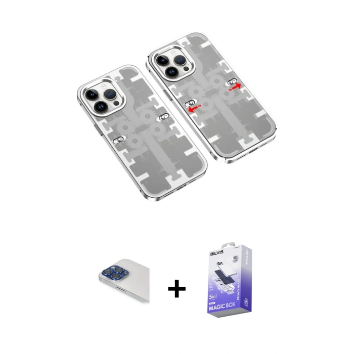 MARSİLYAN™- iPhone 13 Pro Max Kılıf Ufuk Doku Prime - Siyah Bilvis 5in1 5D Magic Hayalet Cam Ekran Koruyucu + Pers Alüminyum Kamera Lens - LT