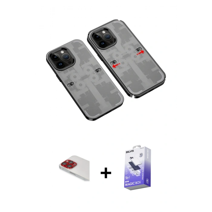 MARSİLYAN™- iPhone 13 Pro Max Kılıf Ufuk Doku Prime - Siyah Bilvis 5in1 5D Magic Hayalet Cam Ekran Koruyucu + Pers Alüminyum Kamera Lens - KI