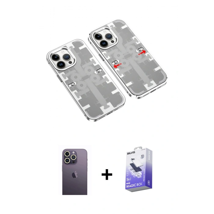 MARSİLYAN™- iPhone 13 Pro Max Kılıf Ufuk Doku Prime - Siyah Bilvis 5in1 5D Magic Hayalet Cam Ekran Koruyucu + Neon Fosforlu Kamera Lens - BZ