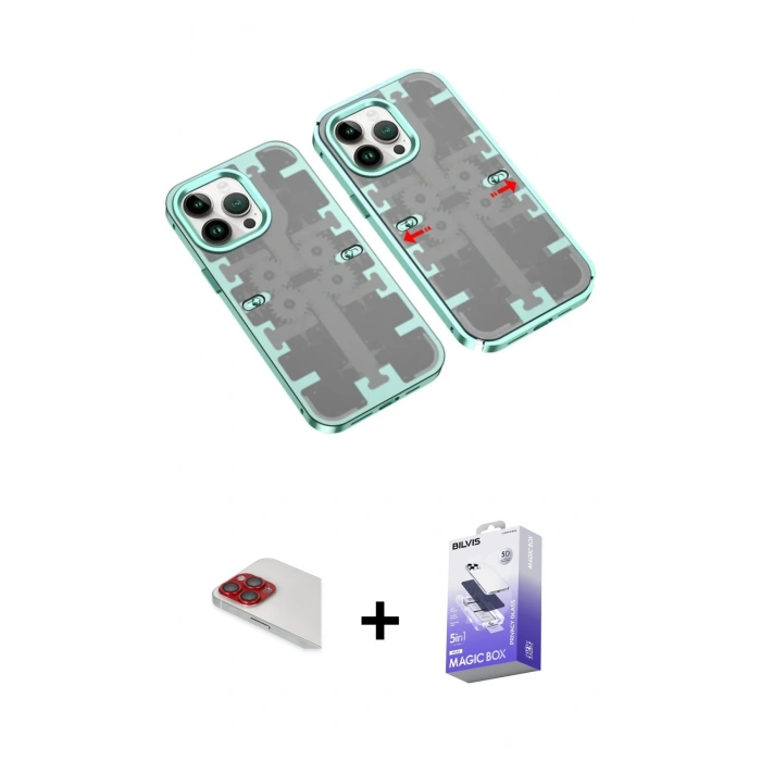 MARSİLYAN™- iPhone 13 Pro Max Kılıf Ufuk Doku Prime - Siyah Bilvis 5in1 5D Magic Hayalet Cam Ekran Koruyucu + Pers Alüminyum Kamera Lens - KI