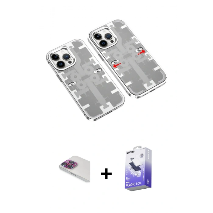 MARSİLYAN™- iPhone 13 Pro Max Kılıf Ufuk Doku Prime - Siyah Bilvis 5in1 5D Magic Hayalet Cam Ekran Koruyucu + Pers Alüminyum Kamera Lens - GI
