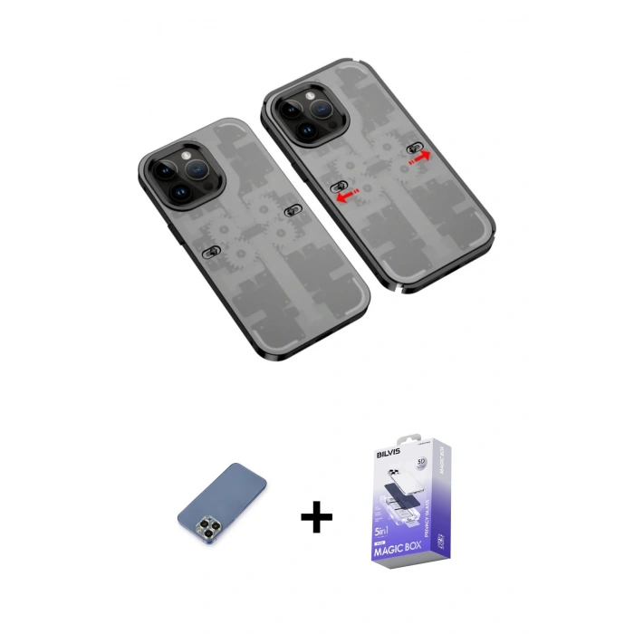 MARSİLYAN™- iPhone 13 Pro Max Kılıf Ufuk Doku Prime - Siyah Bilvis 5in1 5D Magic Hayalet Cam Ekran Koruyucu + Açık Yeşil Metal Kamera Lens Koruma Cam
