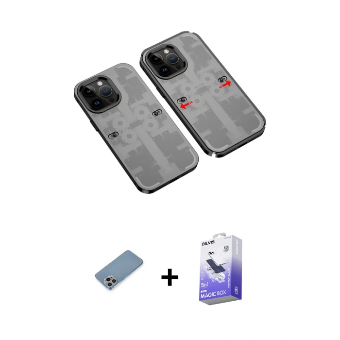 MARSİLYAN™- iPhone 13 Pro Max Kılıf Ufuk Doku Prime - Siyah Bilvis 5in1 5D Magic Hayalet Cam Ekran Koruyucu + Shine Kamera Lens Koruma Cam - GI