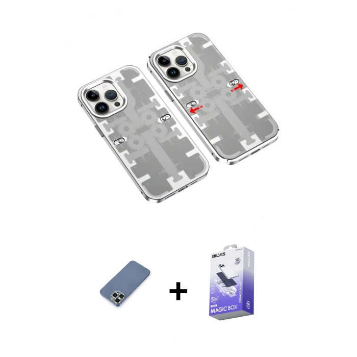 MARSİLYAN™- iPhone 13 Pro Max Kılıf Ufuk Doku Prime - Siyah Bilvis 5in1 5D Magic Hayalet Cam Ekran Koruyucu + Açık Yeşil Metal Kamera Lens Koruma Cam
