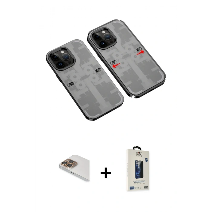 MARSİLYAN™- iPhone 13 Pro Max Kılıf Ufuk Doku Prime - Siyah Bilvis Hayalet Cam Ekran Koruyucu + Pers Alüminyum Kamera Lens - GD
