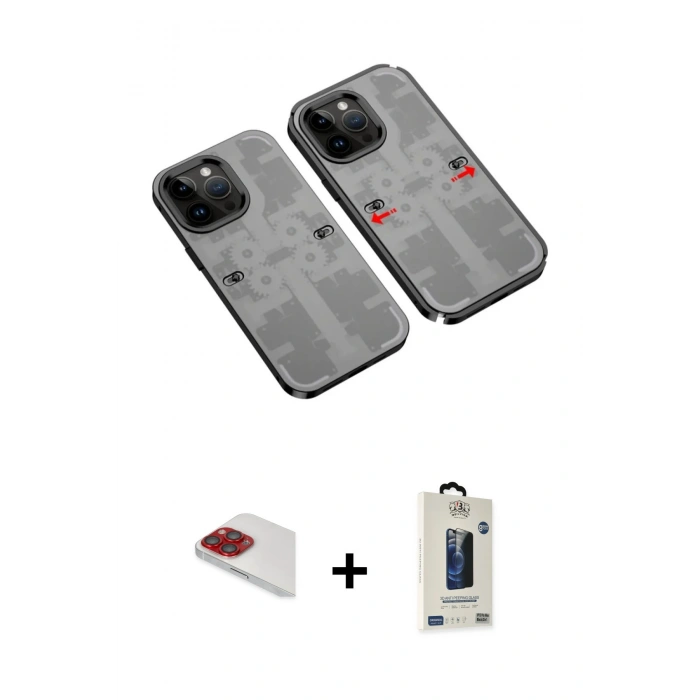 MARSİLYAN™- iPhone 13 Pro Max Kılıf Ufuk Doku Prime - Siyah Bilvis Hayalet Cam Ekran Koruyucu + Pers Alüminyum Kamera Lens - KI