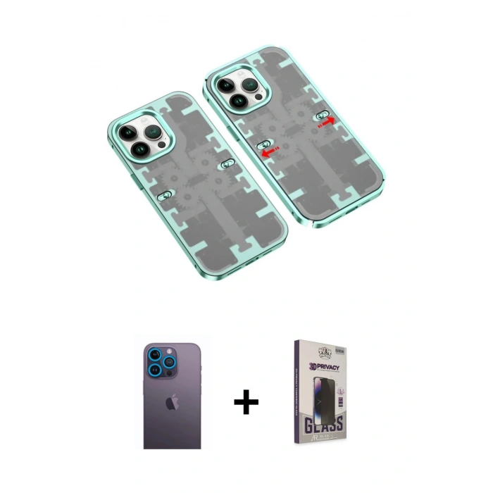 MARSİLYAN™- iPhone 13 Pro Max Kılıf Ufuk Doku Prime - Siyah Bilvis Hayalet Cam Ekran Koruyucu + Neon Fosforlu Kamera Lens - MI