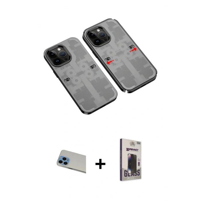 MARSİLYAN™- iPhone 13 Pro Max Kılıf Ufuk Doku Prime - Siyah Bilvis Hayalet Cam Ekran Koruyucu + Rainbow Kamera Lens Koruma Cam - MI