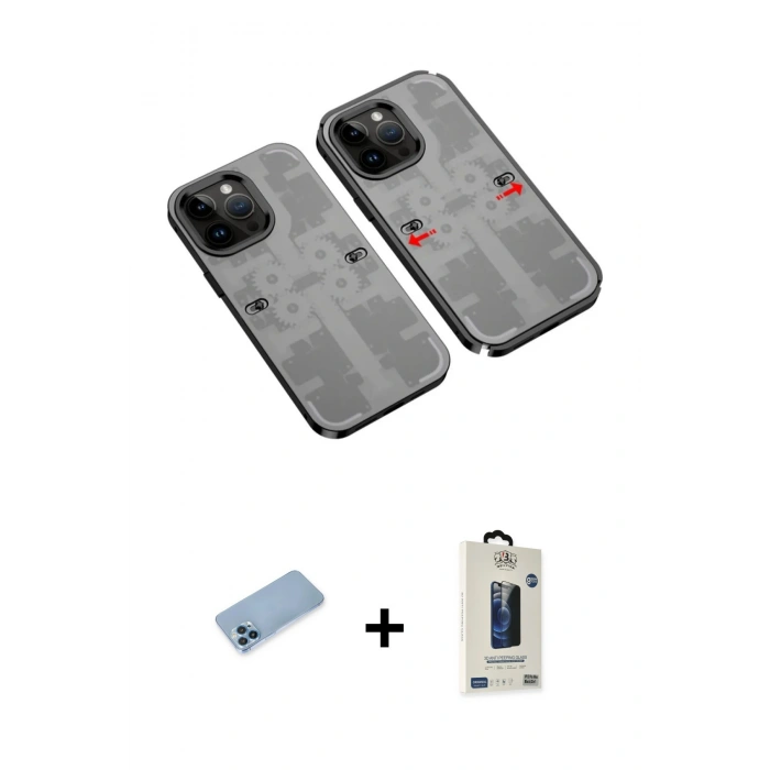 MARSİLYAN™- iPhone 13 Pro Max Kılıf Ufuk Doku Prime - Siyah Bilvis Hayalet Cam Ekran Koruyucu + Shine Kamera Lens Koruma Cam - MI