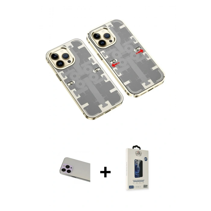 MARSİLYAN™- iPhone 13 Pro Max Kılıf Ufuk Doku Prime - Siyah Bilvis Hayalet Cam Ekran Koruyucu + Rainbow Kamera Lens Koruma Cam - MR