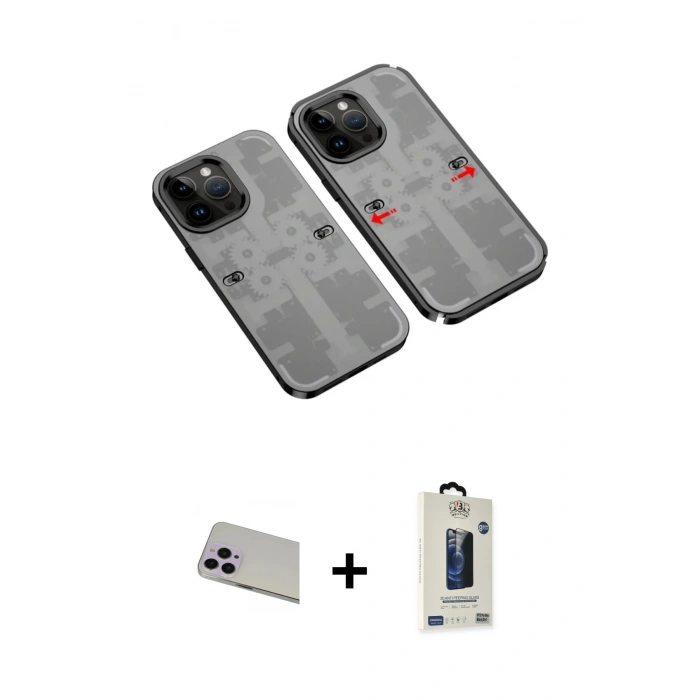 MARSİLYAN™- iPhone 13 Pro Max Kılıf Ufuk Doku Prime - Siyah Bilvis Hayalet Cam Ekran Koruyucu + Rainbow Kamera Lens Koruma Cam - MR
