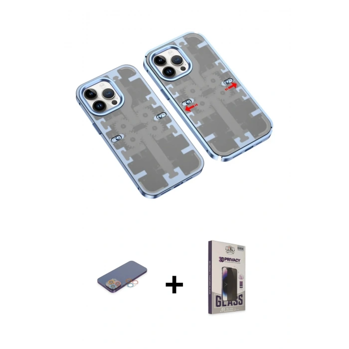 MARSİLYAN™- iPhone 13 Pro Max Kılıf Ufuk Doku Prime - Siyah Bilvis Hayalet Cam Ekran Koruyucu + Renkli Kamera Lens Koruma Cam - PE