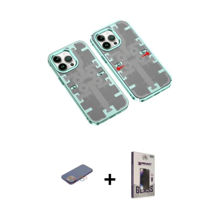 MARSİLYAN™- iPhone 13 Pro Max Kılıf Ufuk Doku Prime - Siyah Bilvis Hayalet Cam Ekran Koruyucu + Renkli Kamera Lens Koruma Cam - PE