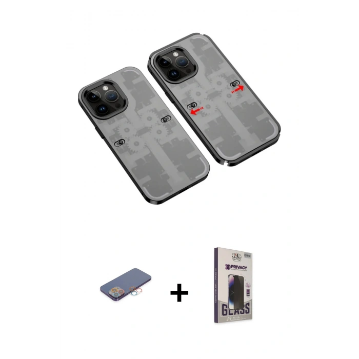 MARSİLYAN™- iPhone 13 Pro Max Kılıf Ufuk Doku Prime - Siyah Bilvis Hayalet Cam Ekran Koruyucu + Renkli Kamera Lens Koruma Cam - PE