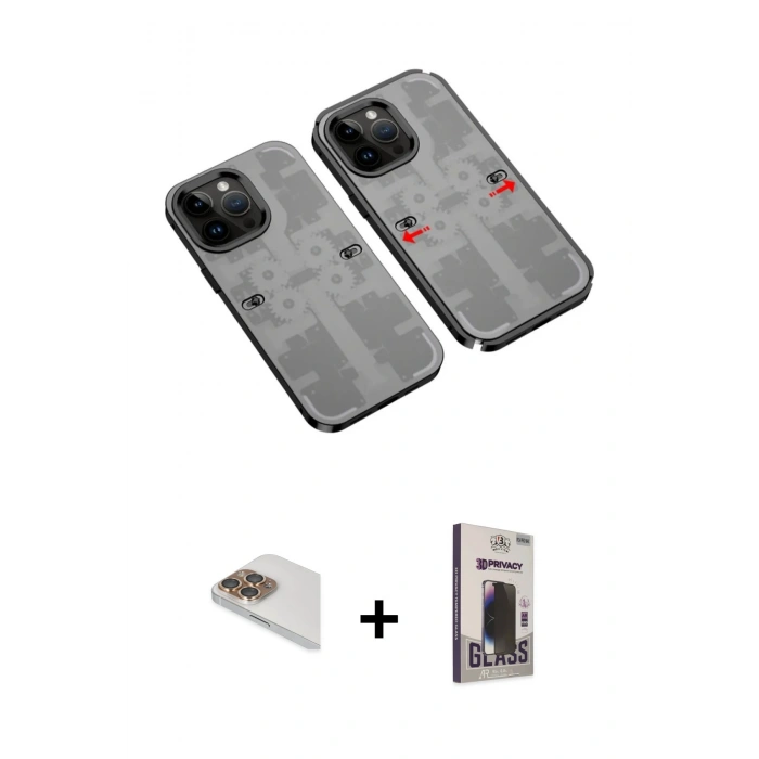 MARSİLYAN™- iPhone 13 Pro Max Kılıf Ufuk Doku Prime - Siyah Bilvis Hayalet Cam Ekran Koruyucu + Pers Alüminyum Kamera Lens - GD