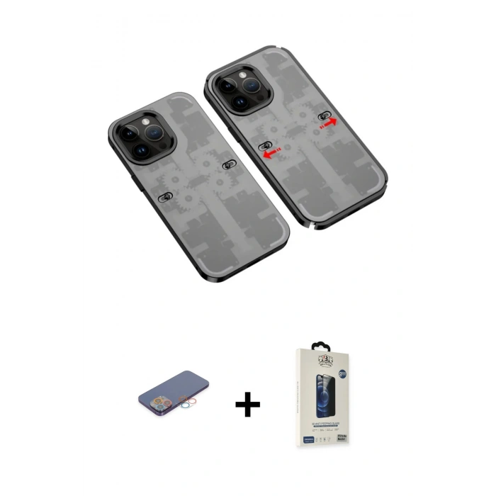 MARSİLYAN™- iPhone 13 Pro Max Kılıf Ufuk Doku Prime - Siyah Bilvis Hayalet Cam Ekran Koruyucu + Renkli Kamera Lens Koruma Cam - PE