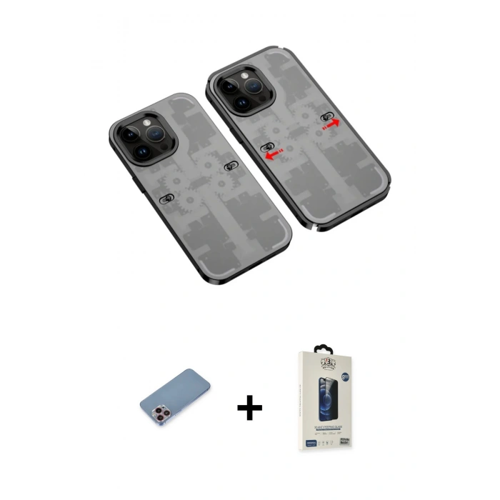 MARSİLYAN™- iPhone 13 Pro Max Kılıf Ufuk Doku Prime - Siyah Bilvis Hayalet Cam Ekran Koruyucu + Shine Kamera Lens Koruma Cam - PE
