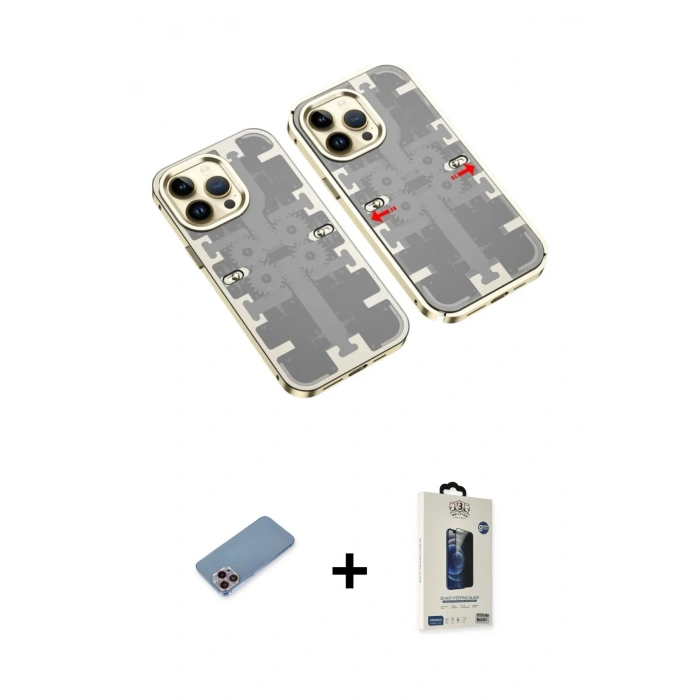 MARSİLYAN™- iPhone 13 Pro Max Kılıf Ufuk Doku Prime - Siyah Bilvis Hayalet Cam Ekran Koruyucu + Shine Kamera Lens Koruma Cam - PE