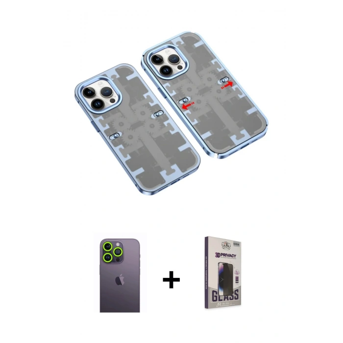 MARSİLYAN™- iPhone 13 Pro Max Kılıf Ufuk Doku Prime - Siyah Bilvis Hayalet Cam Ekran Koruyucu + Neon Fosforlu Kamera Lens - YL