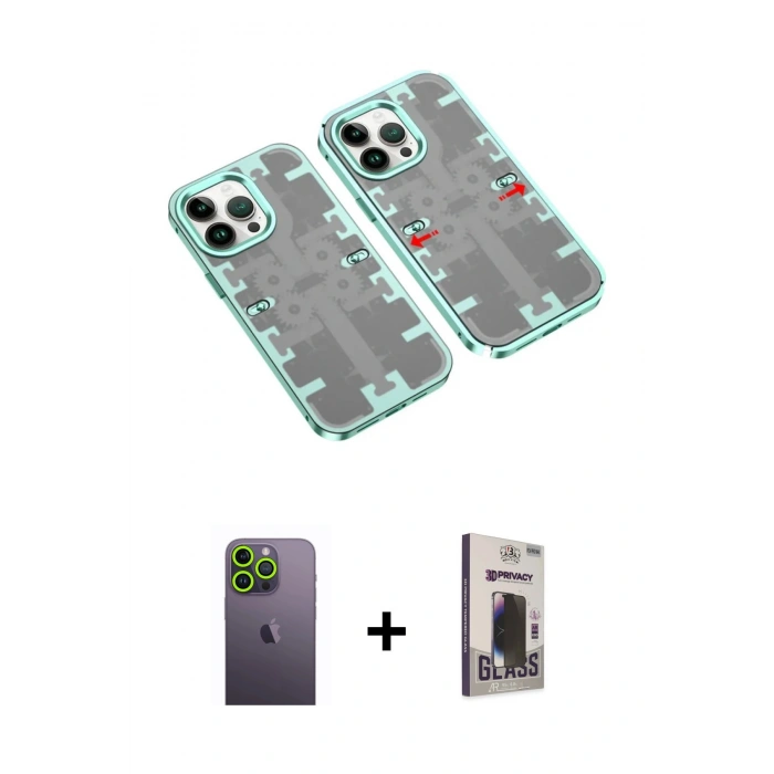 MARSİLYAN™- iPhone 13 Pro Max Kılıf Ufuk Doku Prime - Siyah Bilvis Hayalet Cam Ekran Koruyucu + Neon Fosforlu Kamera Lens - YL