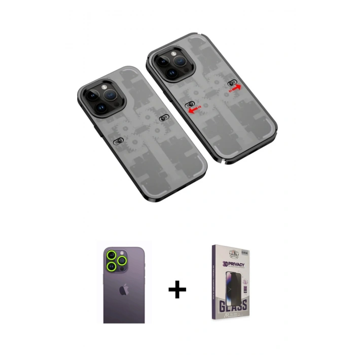 MARSİLYAN™- iPhone 13 Pro Max Kılıf Ufuk Doku Prime - Siyah Bilvis Hayalet Cam Ekran Koruyucu + Neon Fosforlu Kamera Lens - YL