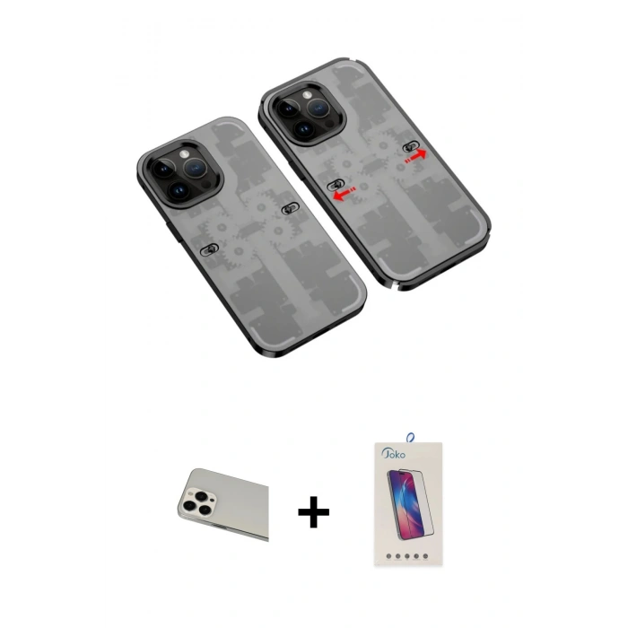 MARSİLYAN™- iPhone 13 Pro Max Kılıf Ufuk Doku Prime - Siyah Joko 5D Cam + Beyaz Rainbow Kamera Lens Koruma Cam