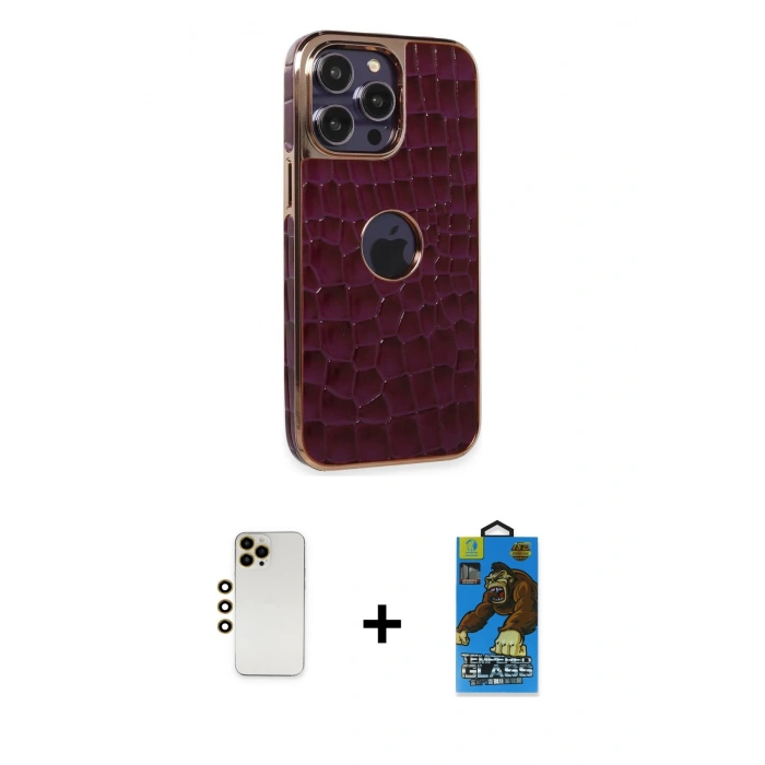 MARSİLYAN™- iPhone 13 Pro Max Kılıf Ufuk Form Prime - Siyah 18D Cam Ekran Koruyucu + Gold Shine Kamera Lens