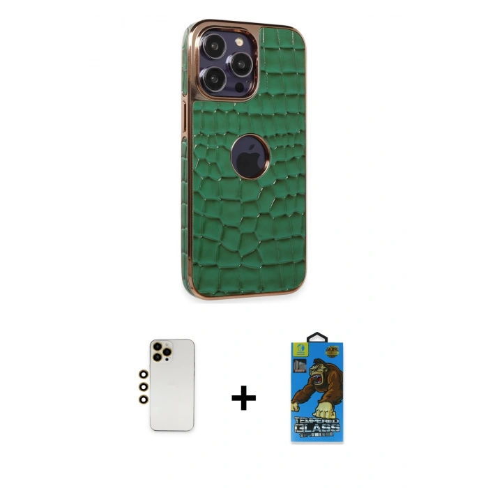 MARSİLYAN™- iPhone 13 Pro Max Kılıf Ufuk Form Prime - Siyah 18D Cam Ekran Koruyucu + Gold Shine Kamera Lens