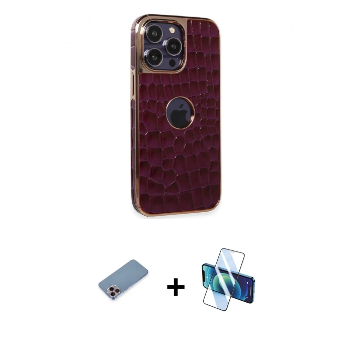 MARSİLYAN™- iPhone 13 Pro Max Kılıf Ufuk Form Prime - Siyah 3D Antistatik Cam Ekran Koruyucu + Shine Kamera Lens Koruma Cam - PE