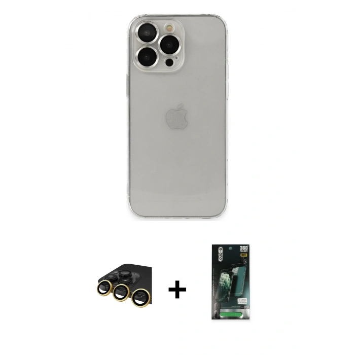 MARSİLYAN™- iPhone 13 Pro Max Kılıf Ufuk Minimal Özel Seri - Şeffaf 360 Full Body Arka Koruyucu + Raze Metal Kamera Lens - GD