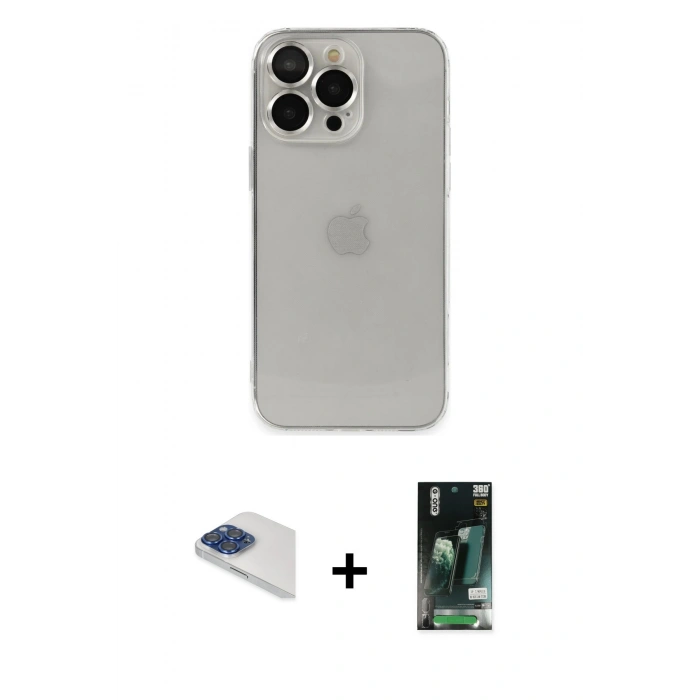 MARSİLYAN™- iPhone 13 Pro Max Kılıf Ufuk Minimal Özel Seri - Şeffaf 360 Full Body Arka Koruyucu + Lacivert Pers Alüminyum Kamera Lens