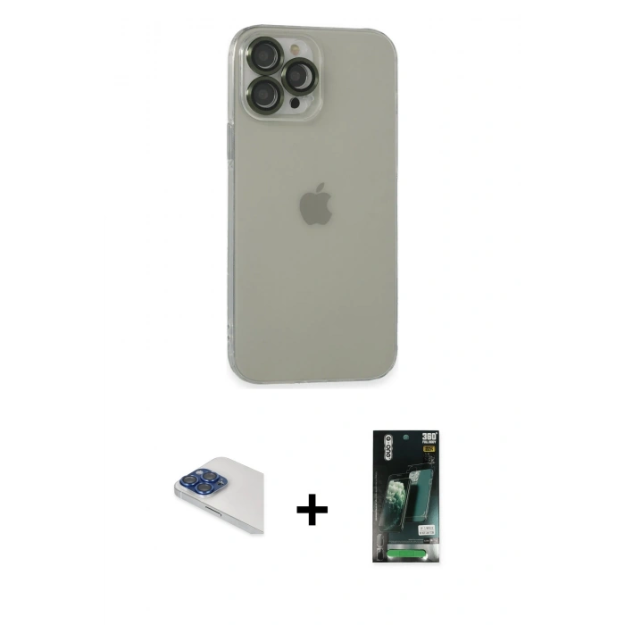MARSİLYAN™- iPhone 13 Pro Max Kılıf Ufuk Minimal Özel Seri - Şeffaf 360 Full Body Arka Koruyucu + Lacivert Pers Alüminyum Kamera Lens