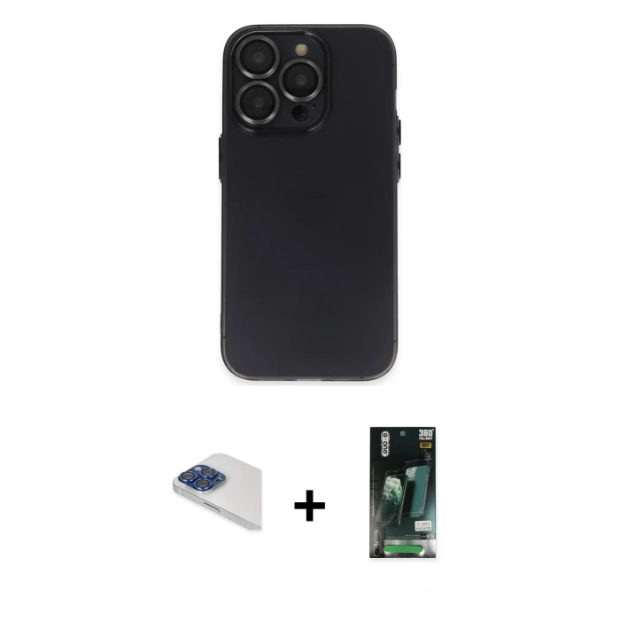 MARSİLYAN™- iPhone 13 Pro Max Kılıf Ufuk Minimal Özel Seri - Şeffaf 360 Full Body Arka Koruyucu + Lacivert Pers Alüminyum Kamera Lens
