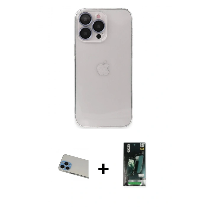 MARSİLYAN™- iPhone 13 Pro Max Kılıf Ufuk Minimal Özel Seri - Şeffaf 360 Full Body Arka Koruyucu + Rainbow Kamera Lens Koruma Cam - MI