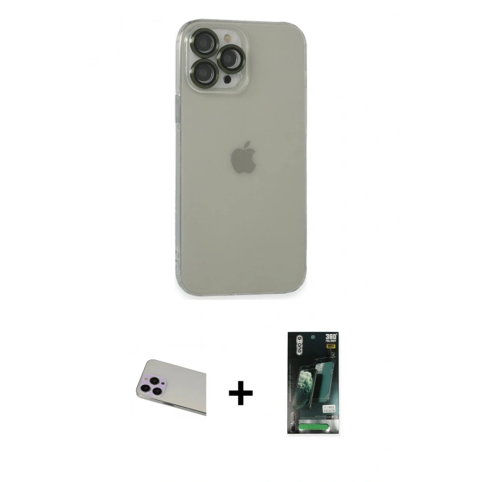 MARSİLYAN™- iPhone 13 Pro Max Kılıf Ufuk Minimal Özel Seri - Şeffaf 360 Full Body Arka Koruyucu + Mor Rainbow Kamera Lens Koruma Cam